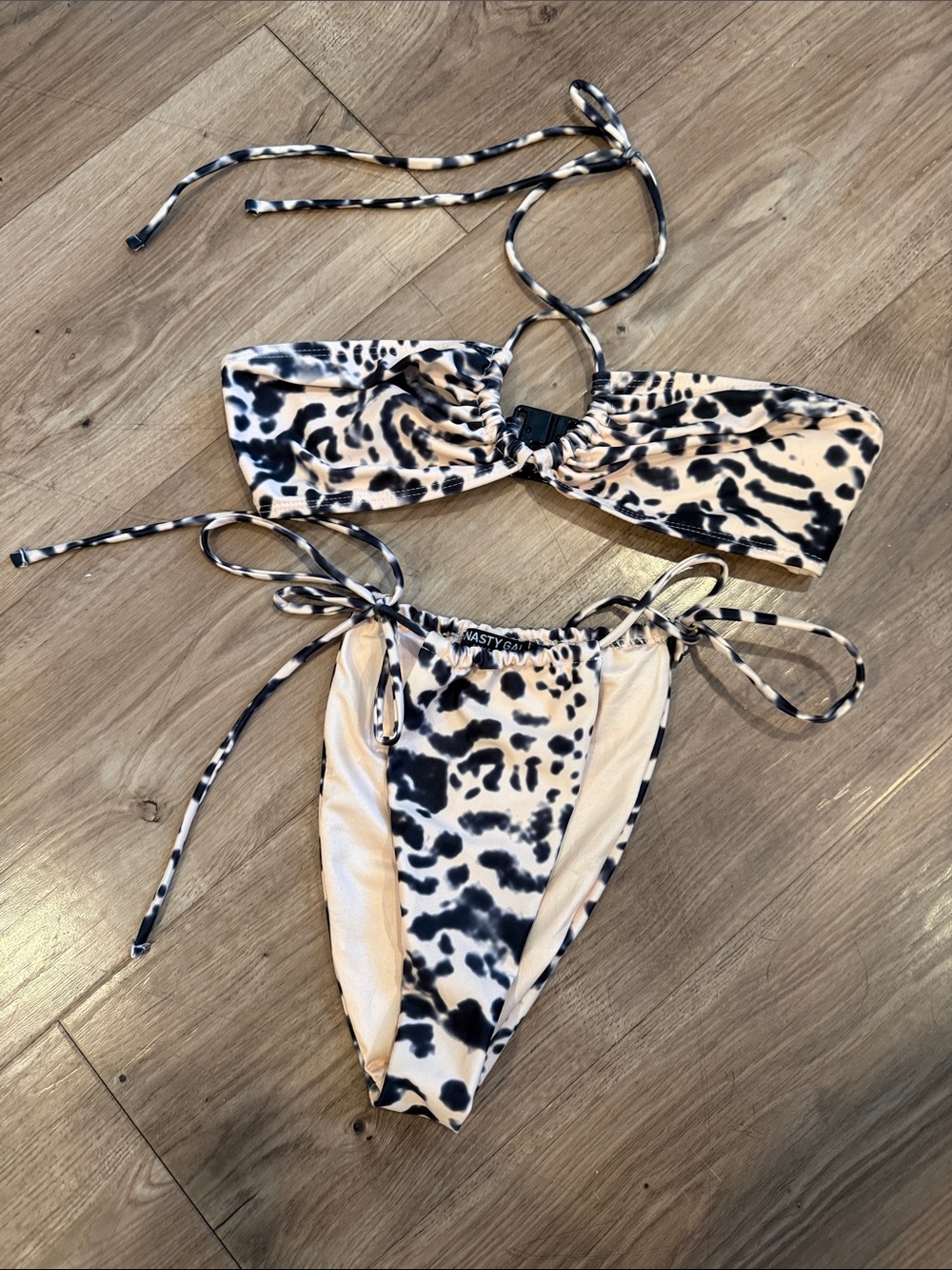Nasty Gal Cream and Black Leopard Print Tie-String Bikini Set